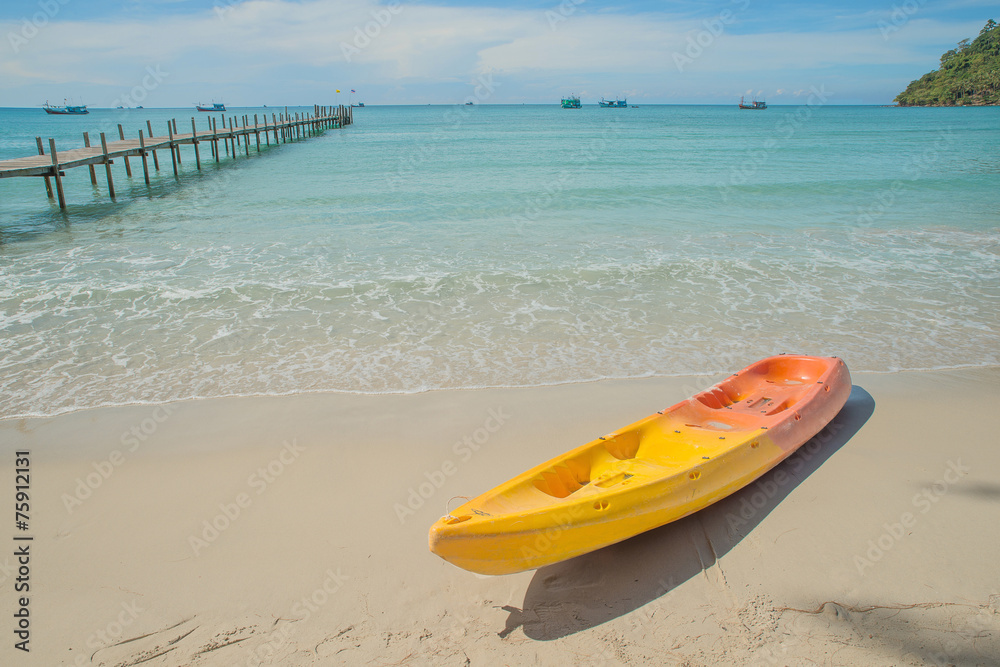 Colorful kayaks on the tropical beach sea. Travel in Phuket Thai