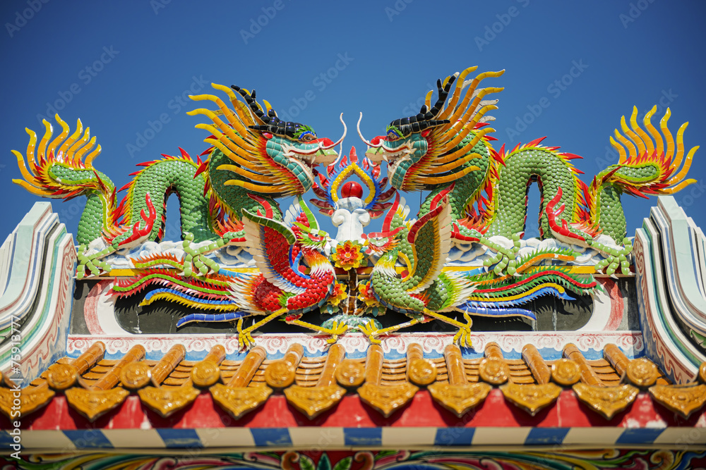 colorful dragon statue on the roof Chinese temple