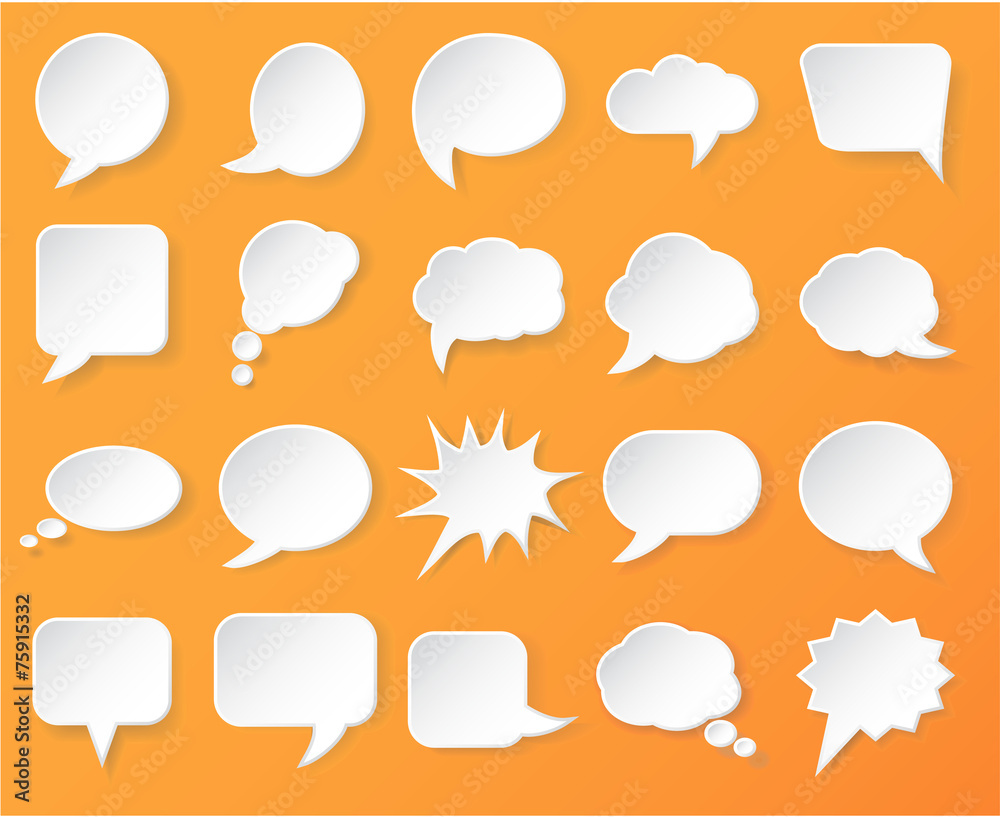 Shiny white paper bubbles for speech on an orange background. Shiny white paper bubbles for speech on an orange background.