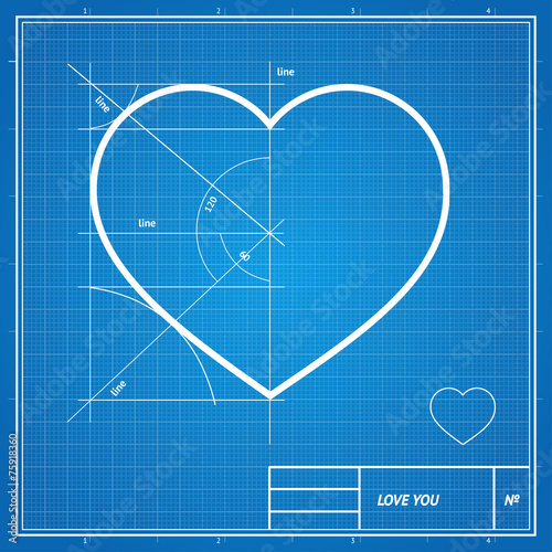 Vector Holiday Card. Heart on blueprint paper.