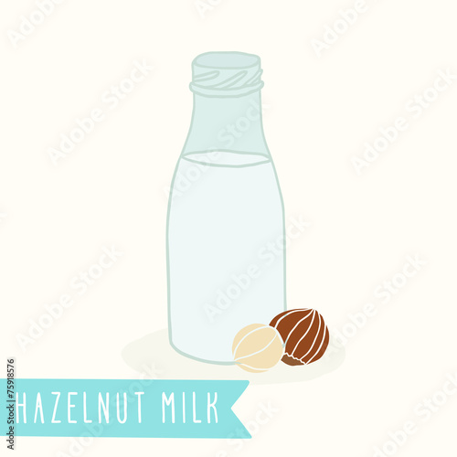 Hazelnut milk in a glass bottle.
