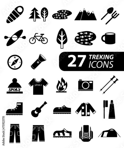 Set of flat monochromatic hiking, trekking and camping icons. 