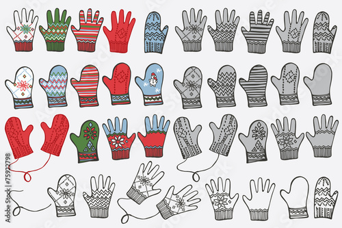 Fashionable knitted mittens,gloves. Doodle hand sketch
