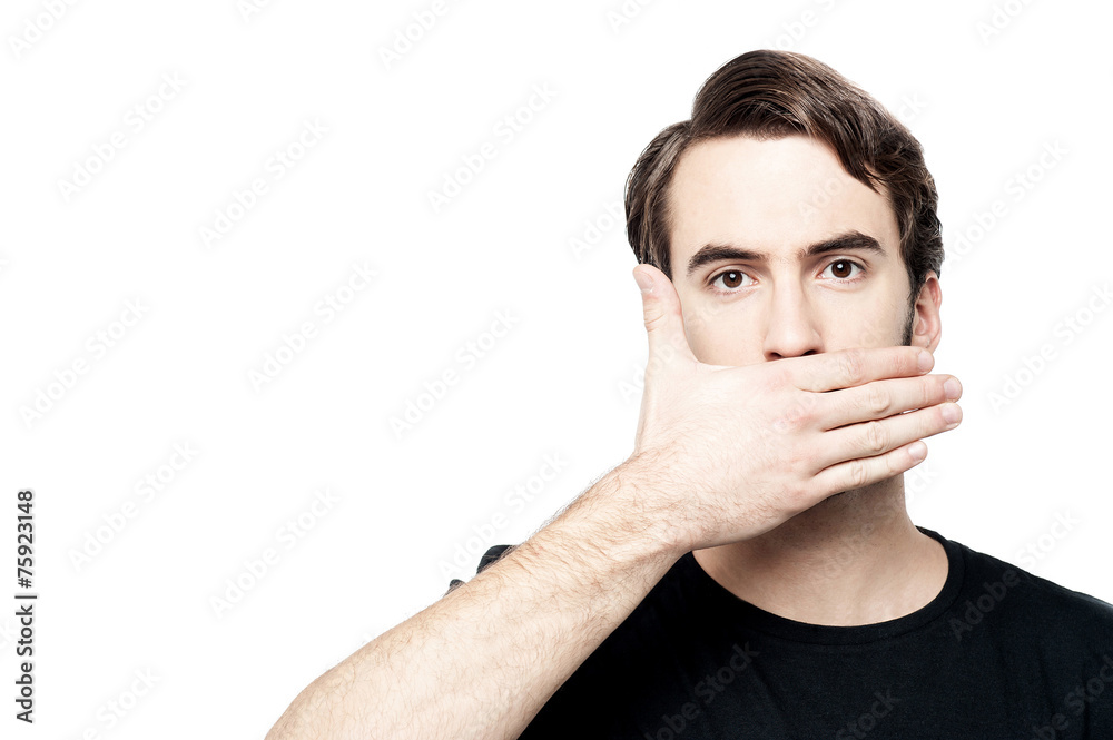 Man cover his mouth, speak no evil concept. Man cover his mouth, speak no evil concept.