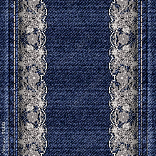 Denim texture with attached white lace ribbons.