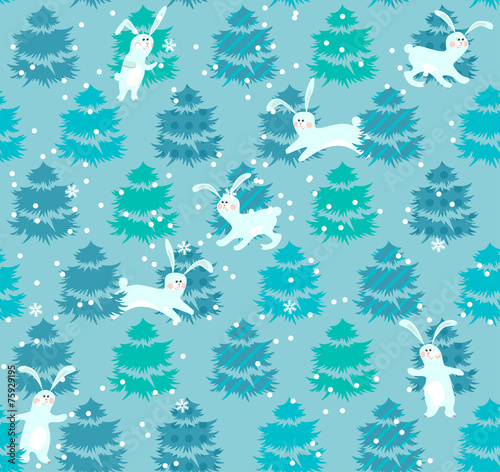 Seamless blue pattern with trees and rabbits