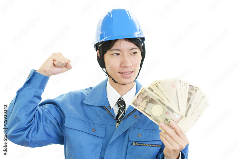 紙幣を持つ笑顔の労働者 紙幣を持つ笑顔の労働者