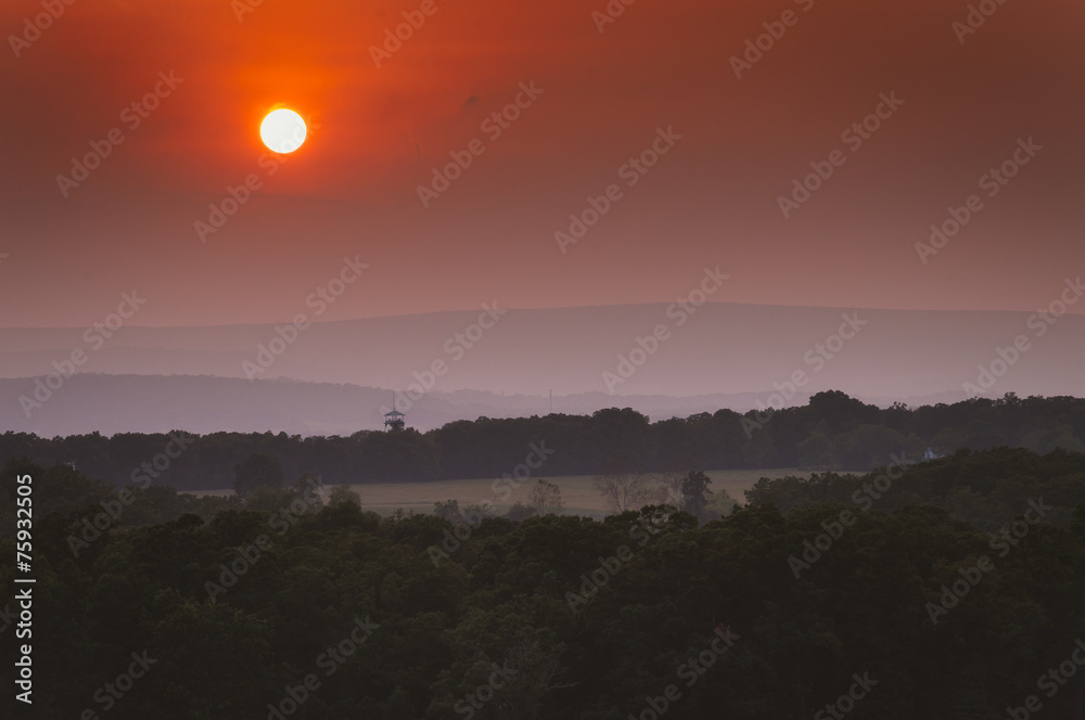 Hazy sunset over the Appalachian Mountains from Little Round Top