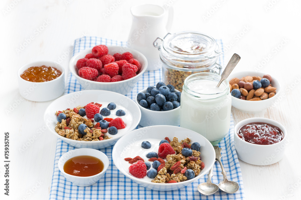 breakfast with granola, berries, honey and yogurt breakfast with granola, berries, honey and yogurt