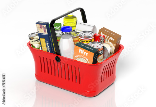 Shopping hand basket full with products isolated on white