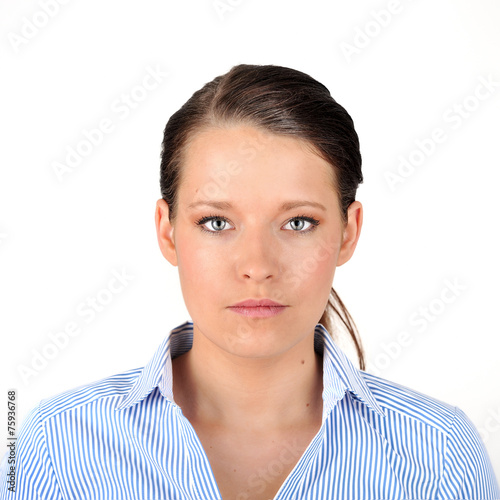 Portrait of a dark haired woman.