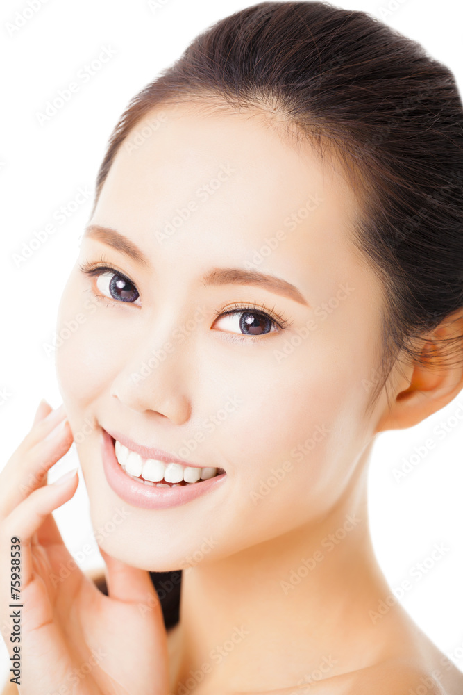 closeup smiling young woman face isolated on white closeup smiling young woman face isolated on white