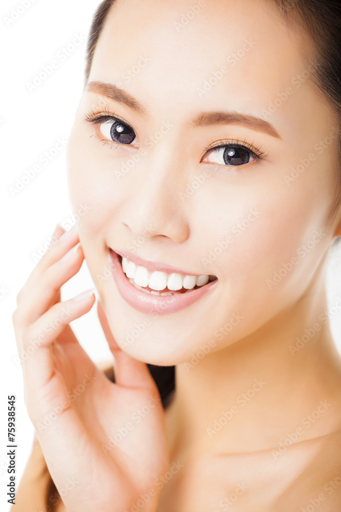 closeup smiling young  woman face isolated on white