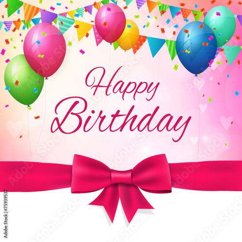 happy birthday greeting card with balloons and flags.