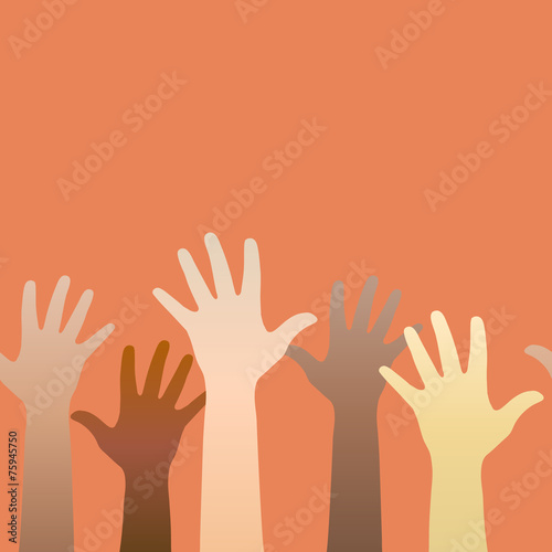 Hands raised up. Concept of volunteerism, multi-ethnicity, equal