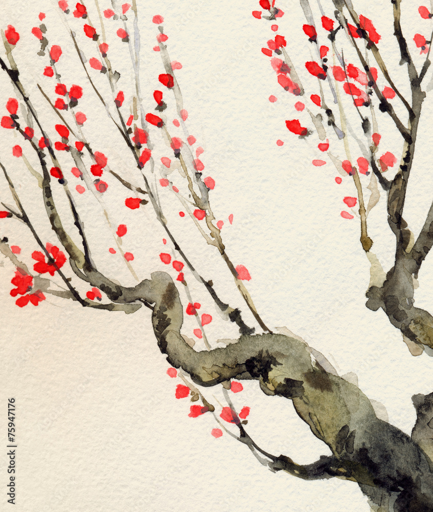 Fototapeta premium Watercolor background. Red flowers on tree branches