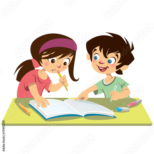Boy and girl kids students studying doing their homework