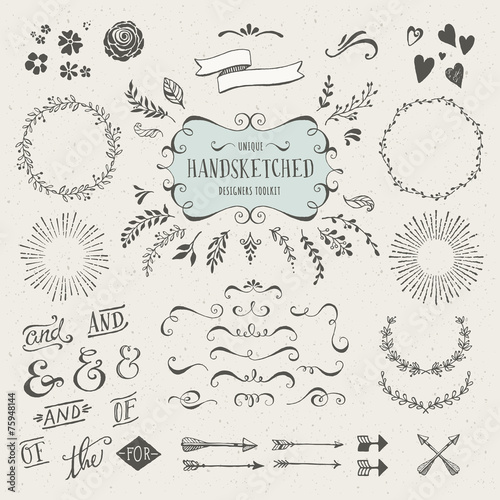 set of more than 60 hand-sketched design elements photo