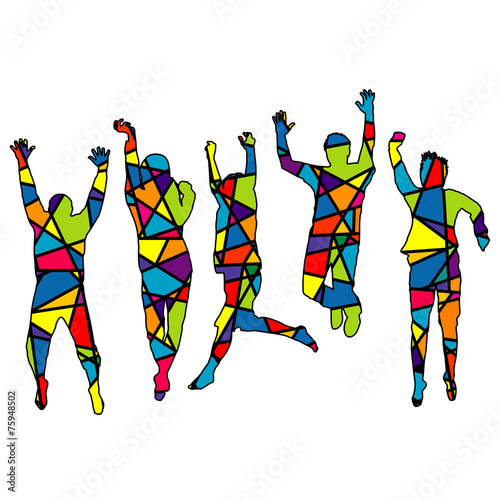 People jumping. Silhouette patterned in colorful mosaic backgrou