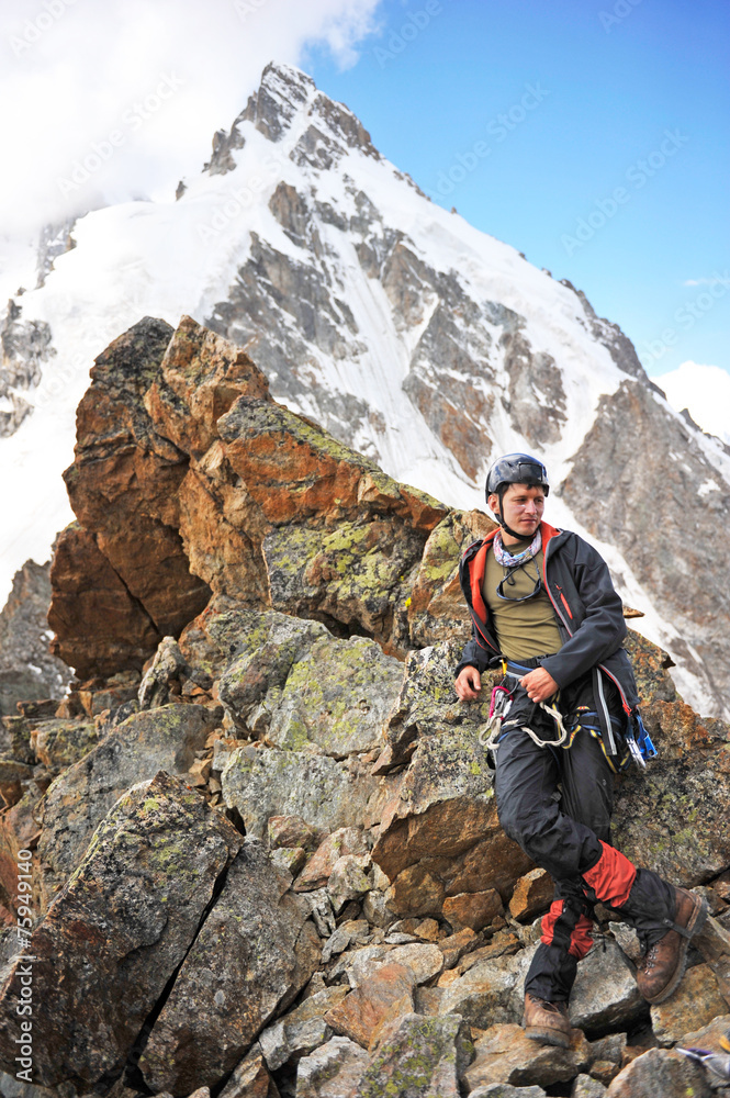 Tourist and mountain panorama