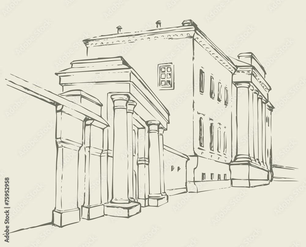 Vector sketch. Massive building with a colonnade