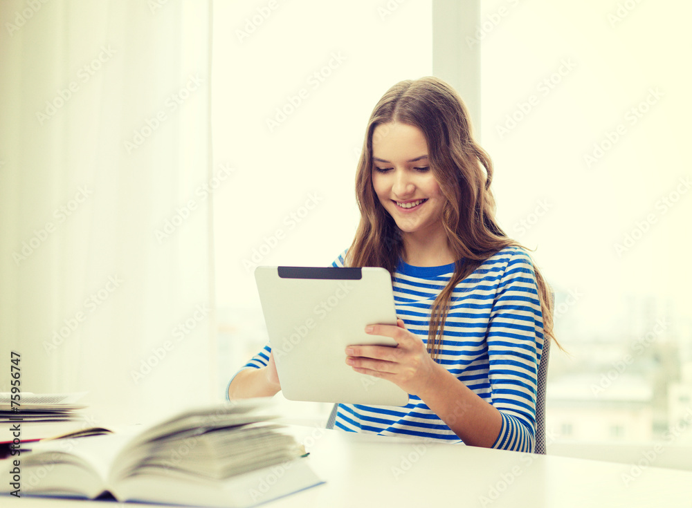 smiling student girl with tablet pc and books smiling student girl with tablet pc and books
