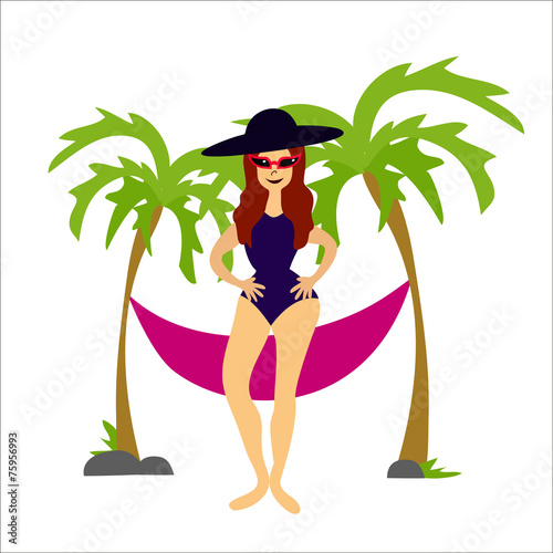Hot woman in swimwear on the beach with palms