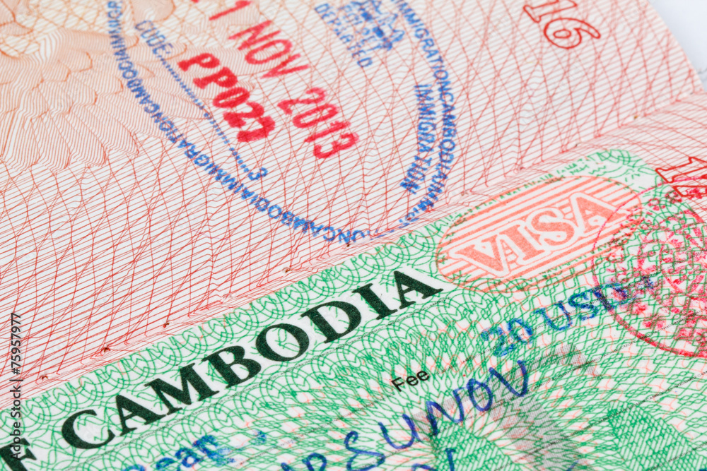 Obraz premium Cambodia visa stamp in passport