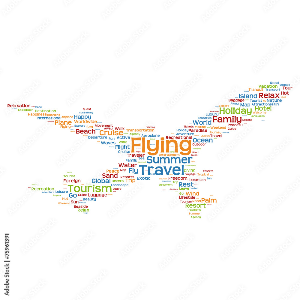 Conceptual flying travel or tourism plane word cloud
