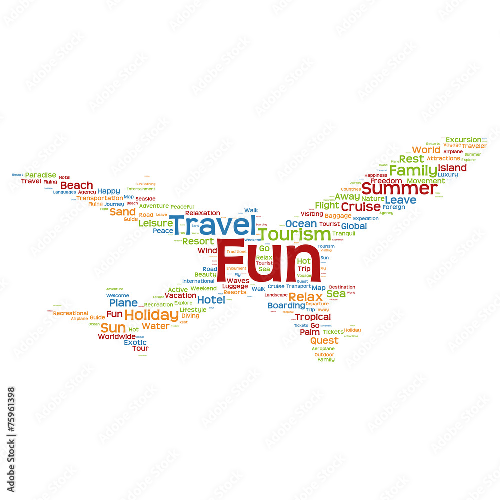 Conceptual fun travel or tourism plane word cloud