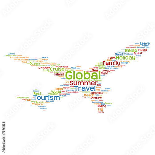 Vector conceptual travel or tourism plane word cloud