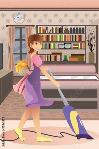 Happy woman vacuuming carpet