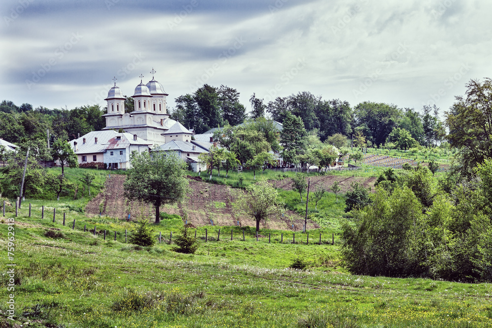 Fototapeta premium Slanic monastery in Arges county on a cloudy day