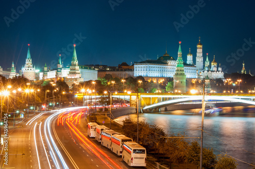 Evening in Moscow. Night view of the Kremlin and bridge