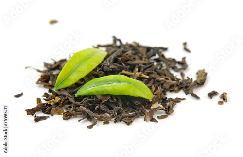 green tea and leaves