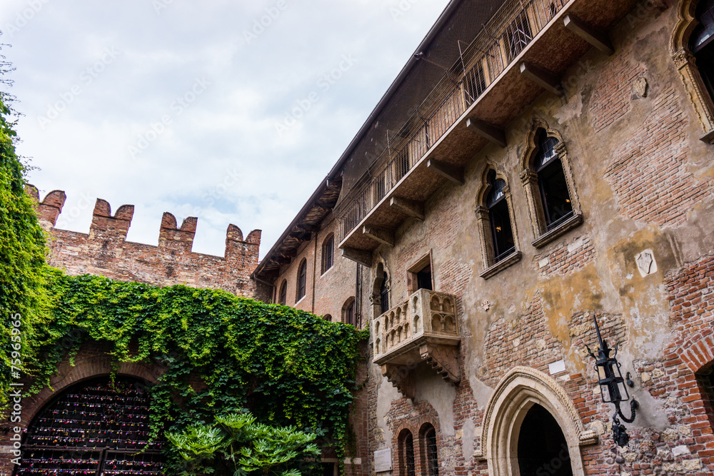 The famous balcony of Romeo and Juliet in Verona, Italy . Juliet