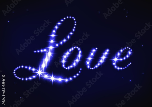 Stylized blue word love in style of star constellation