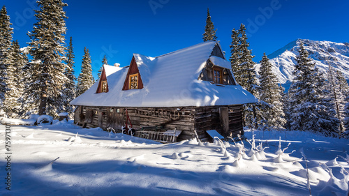 Old wooden house in winter mountains