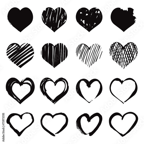 Set of black vector drawing hearts