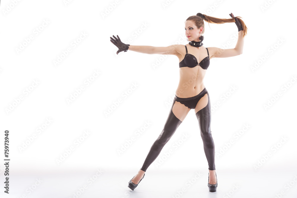 go-go dancer with long hair in a black bra, panties, leggings go-go dancer with long hair in a black bra, panties, leggings