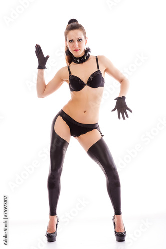 go-go dance in black bra, panties, leggings and gloves