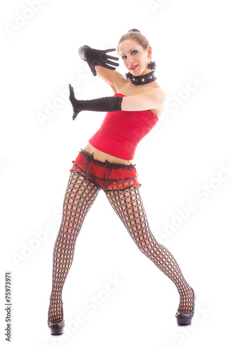 stripper in short skirt, shirt, stockings dancing