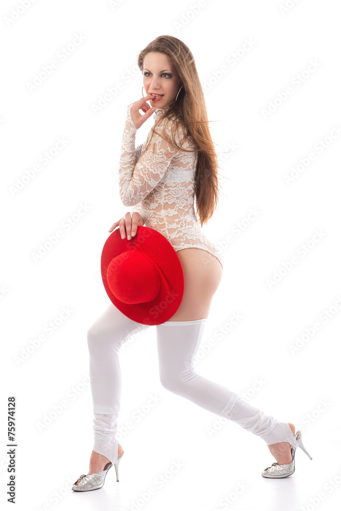 dance with red hat. go-go beautiful dancer in white body dance with red hat. go-go beautiful dancer in white body