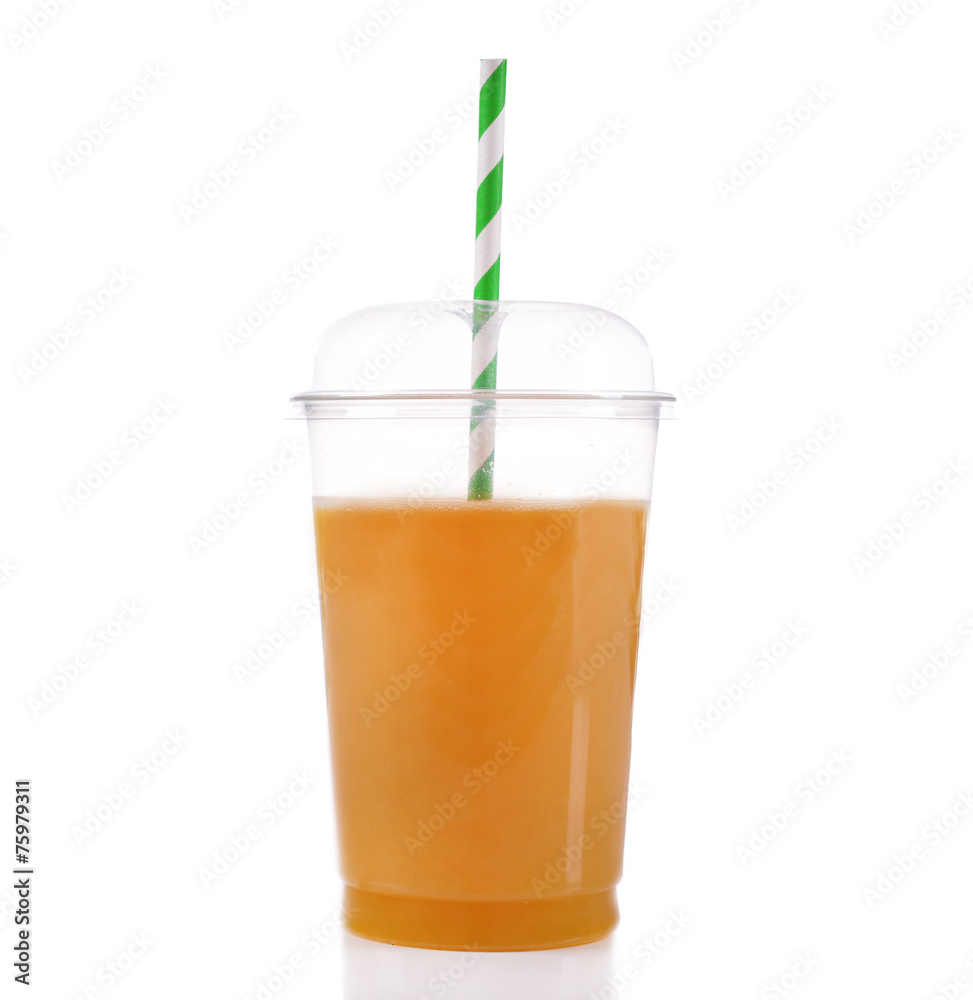 Orange juice in fast food closed cup with tube isolated on Orange juice in fast food closed cup with tube isolated on