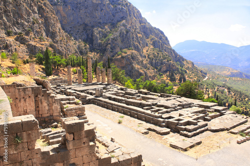 Ancient column and ruins of Temple of Apollo in Delphi, Greece