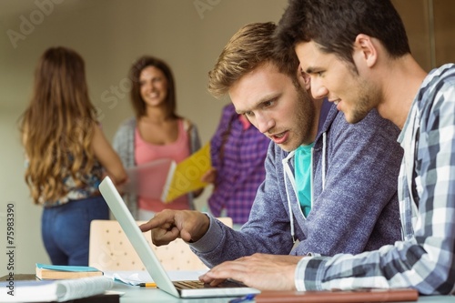 Smiling friends sitting using laptop