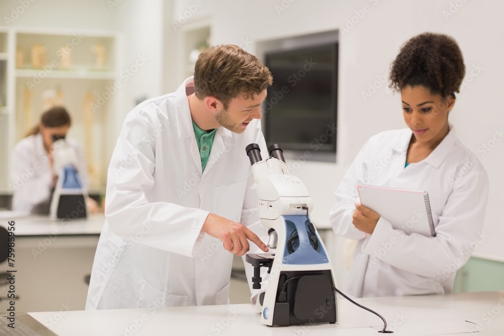 Obraz premium Medical students working with microscope