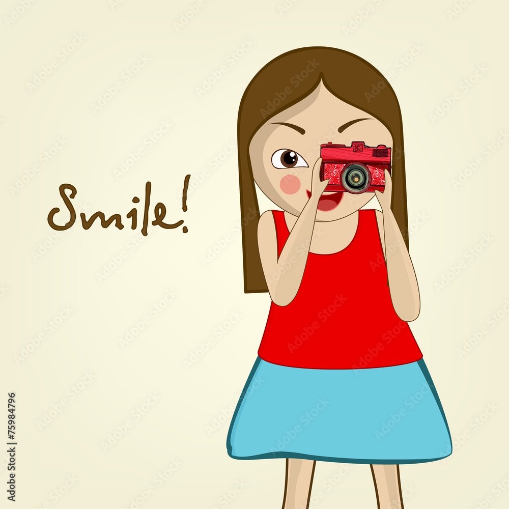 Cute little girl holding a red camera for photography. Cute little girl holding a red camera for photography.