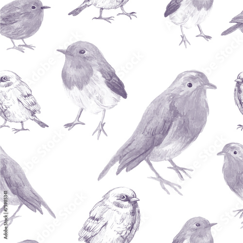 pencil sketch seamless pattern with bird robin and sparrow