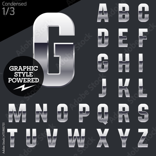 Silver chrome and aluminum vector alphabet set. Condensed.